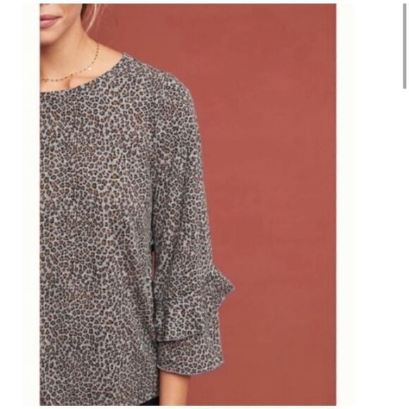 Anthropologie T.La Chelsea Ruffled Tee Leopard Print Ruffle Sleeve Top medium gr - Picture 2 of 11
